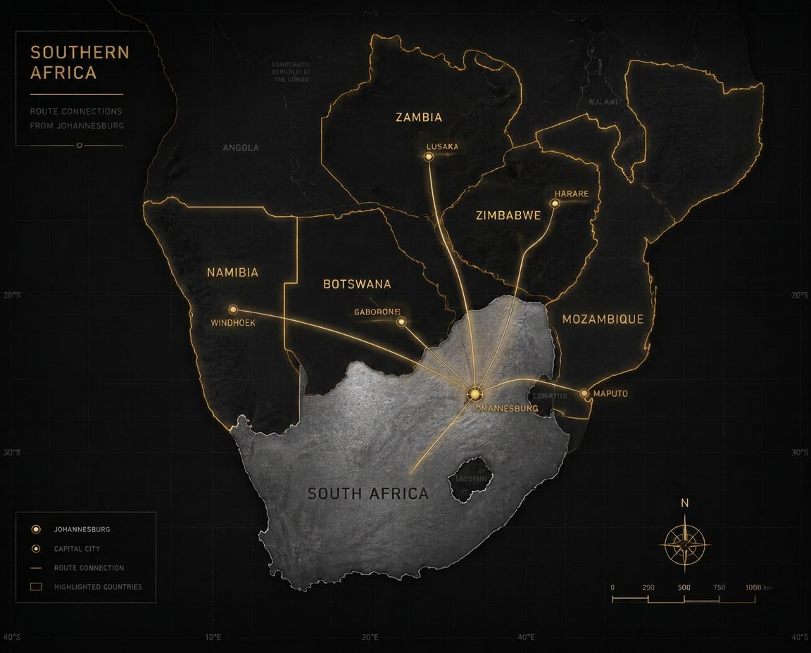 Map of Southern Africa showing freight routes from Johannesburg to Zimbabwe, Zambia, Botswana, Namibia and Mozambique