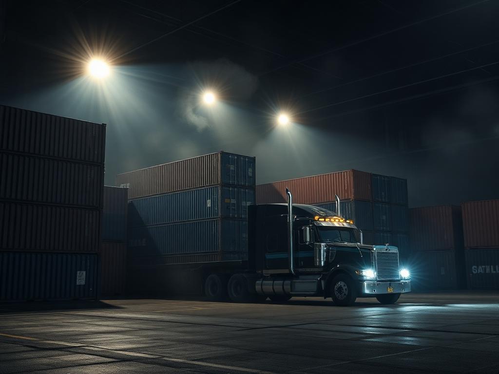 Mazibisa Logistics freight truck and containers in a logistics yard at night
