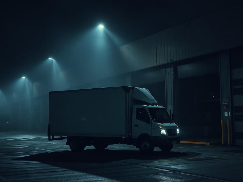 Delivery vehicle being loaded at an industrial dock at night